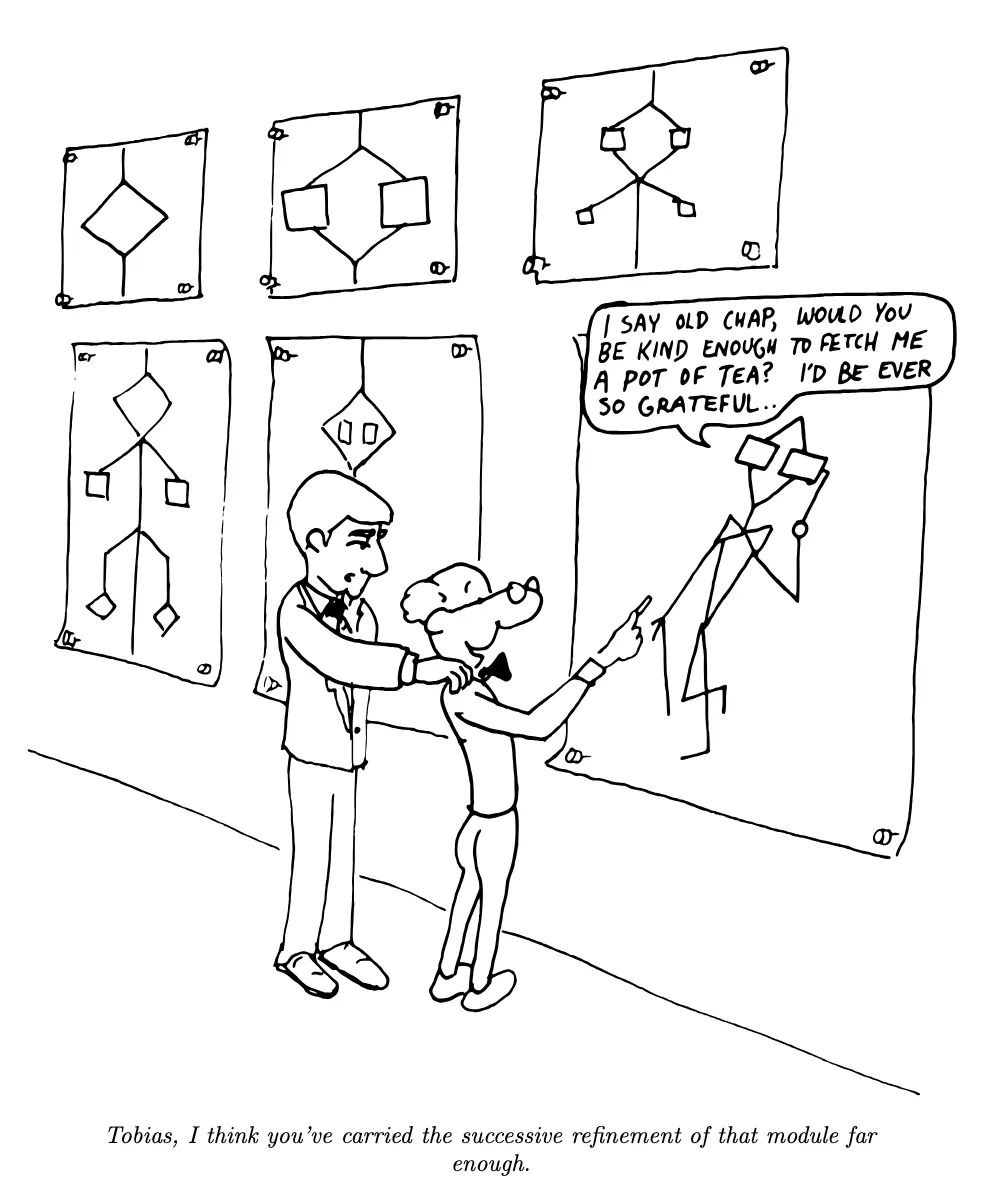 Cartoon of two programmers in front of a wall covered in increasingly elaborate flowcharts; the final chart has come to life and is asking for a pot of tea.